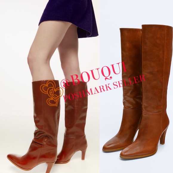 BLOGGERS FAV ZARA KNEE RISE HEELED LEATHER BOOTS - Picture 3 of 6